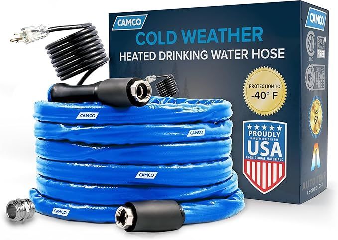Blue coiled heated drinking water hose with black connectors and box, designed for cold weather use.