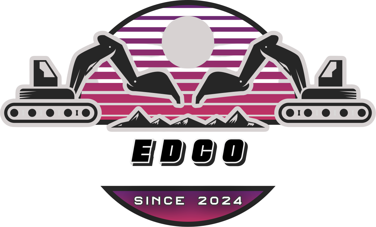 Logo: Two excavators over a sunset, mountains,