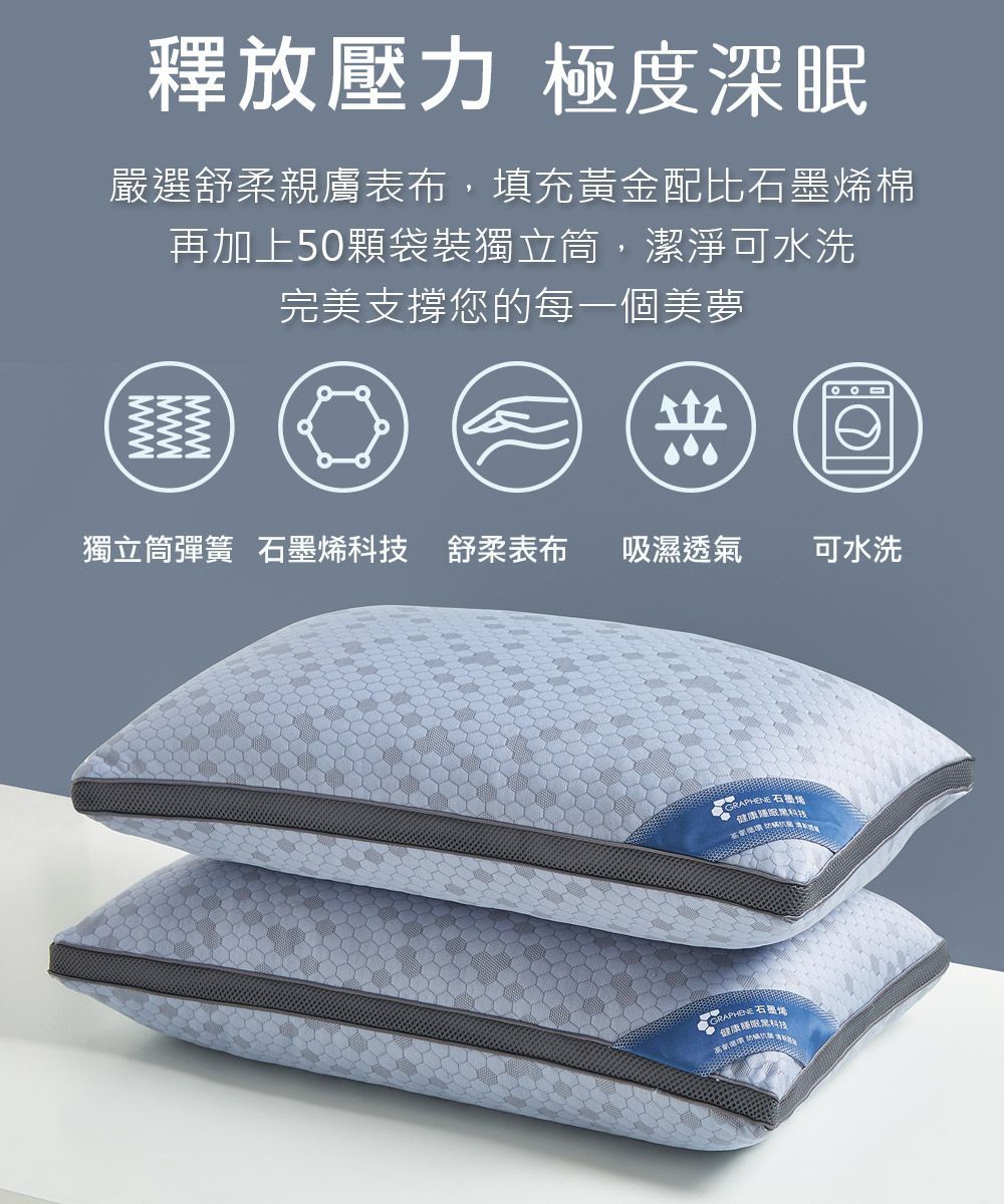 台灣石墨烯水洗抗菌獨立筒枕1入