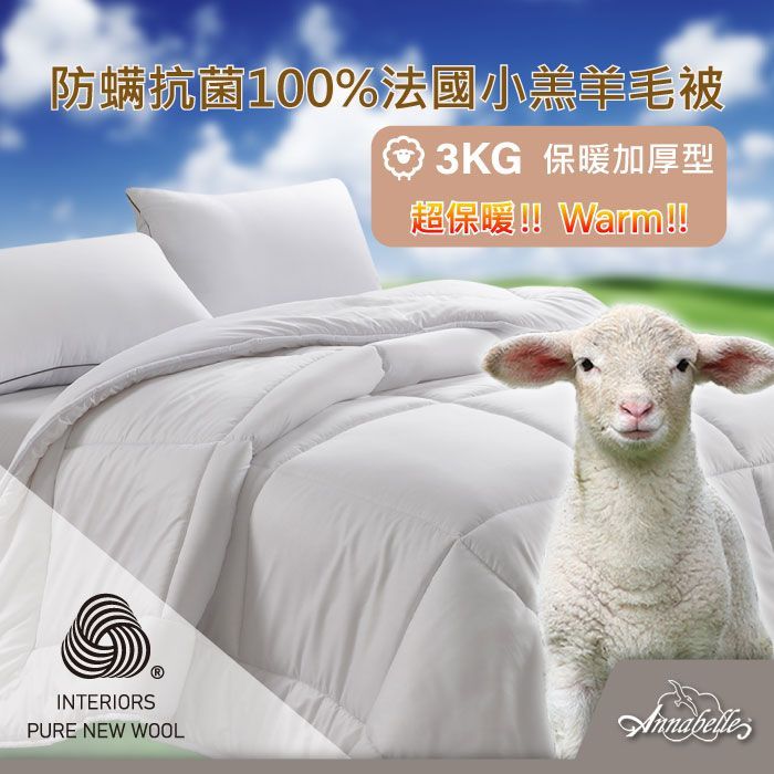 【Annabelle】防蟎抗菌100%法國小羔羊毛被-3KG