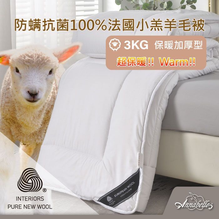 【Annabelle】防蟎抗菌100%法國小羔羊毛被-3KG