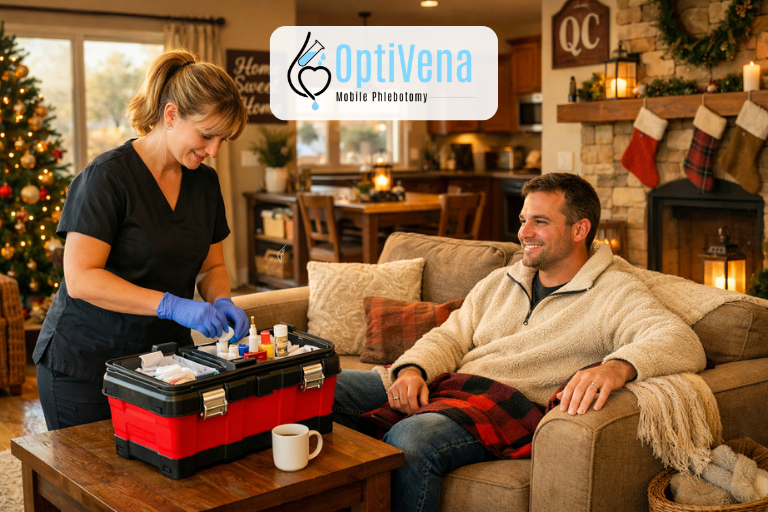 Mobile phlebotomist preparing supplies during an at-home blood draw appointment in a Queen Creek, Ar