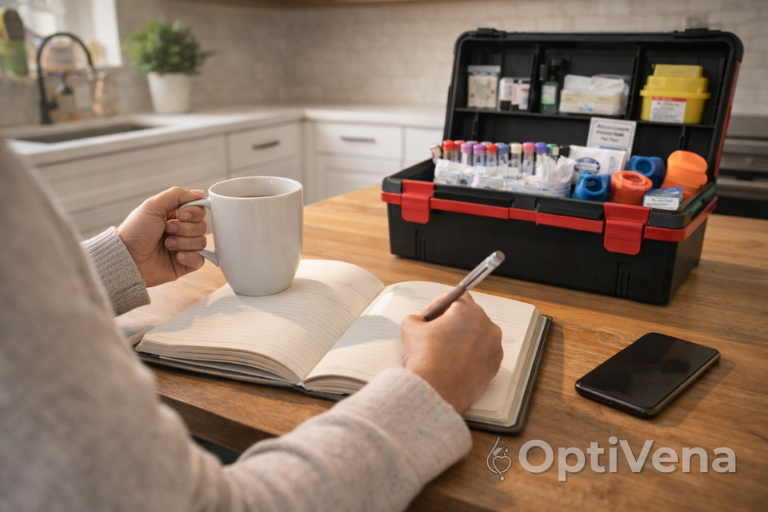 Person journaling at home while a mobile phlebotomy kit is set up nearby for a blood draw at home us