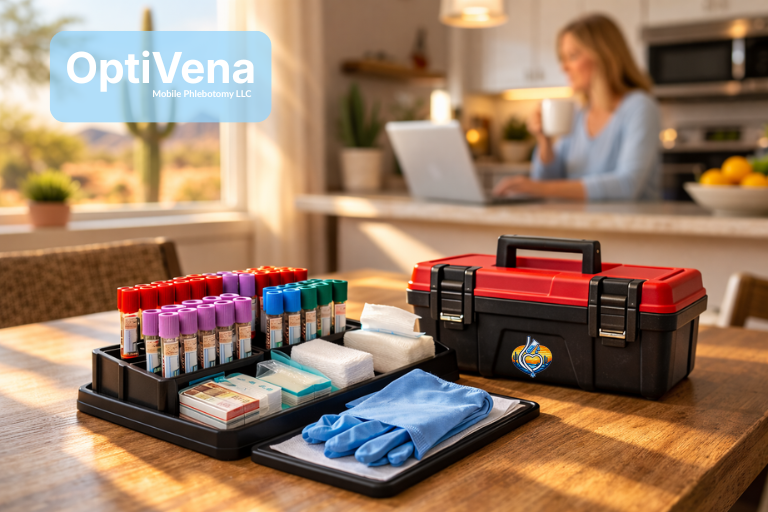 Mobile blood draw service setup inside a Mesa home with natural light and organized medical supplies