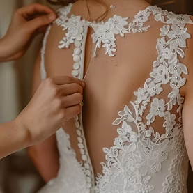 Woman in white lace wedding dress, back view, being buttoned up by someone.