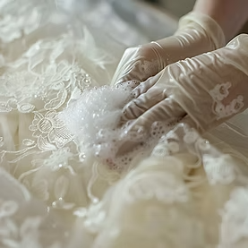 Gloved hands gently cleaning a white wedding dress with soapy bubbles.