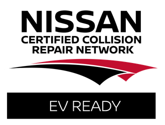 A nissan certified collision repair network logo on a white background.