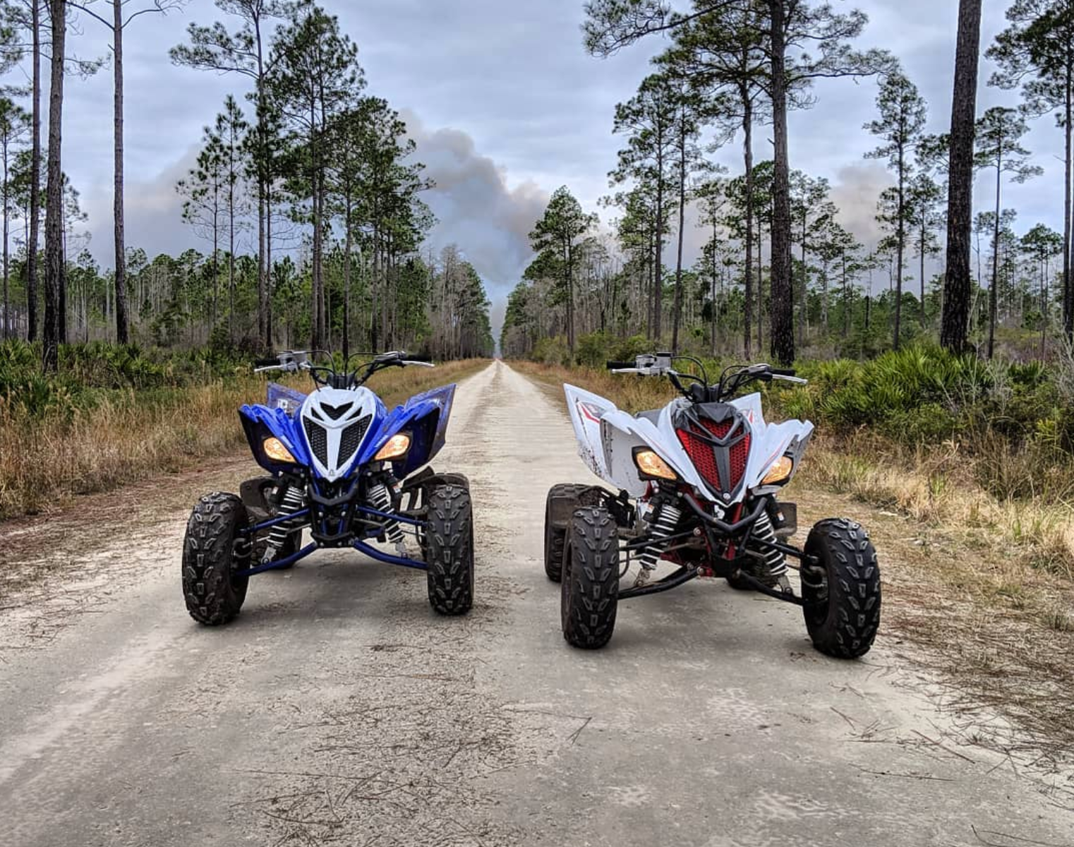 two atvs are parked on the side of a dirt road .