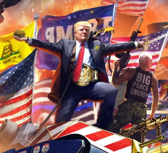 a man wearing a big pence energy shirt stands in front of american flags