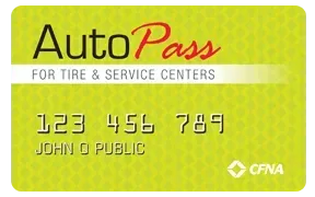 Yellow AutoPass tire and service centers card with account number and John Q Public name | Buck & Doe Auto