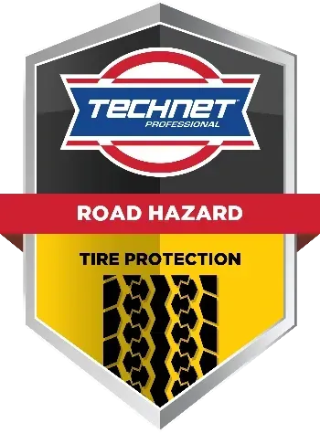 TECHNET Professional Road Hazard tire protection badge with black tire tread on yellow shield | Buck & Doe Auto