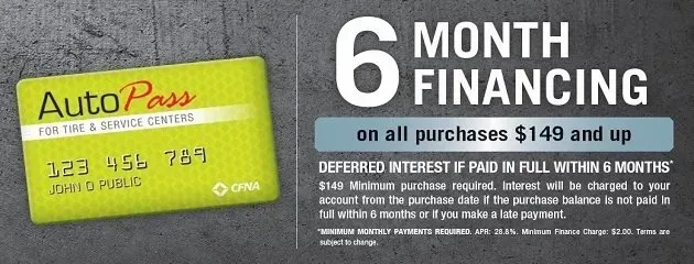 AutoPass card beside ad for 6-month financing on purchases of $149 and up, in white text on gray background | Buck & Doe Auto