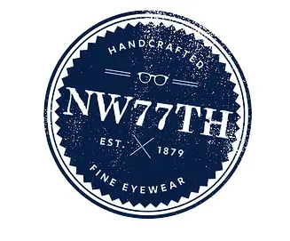 Navy circular NW77TH handmade fine eyewear logo with white text and eyeglasses icon