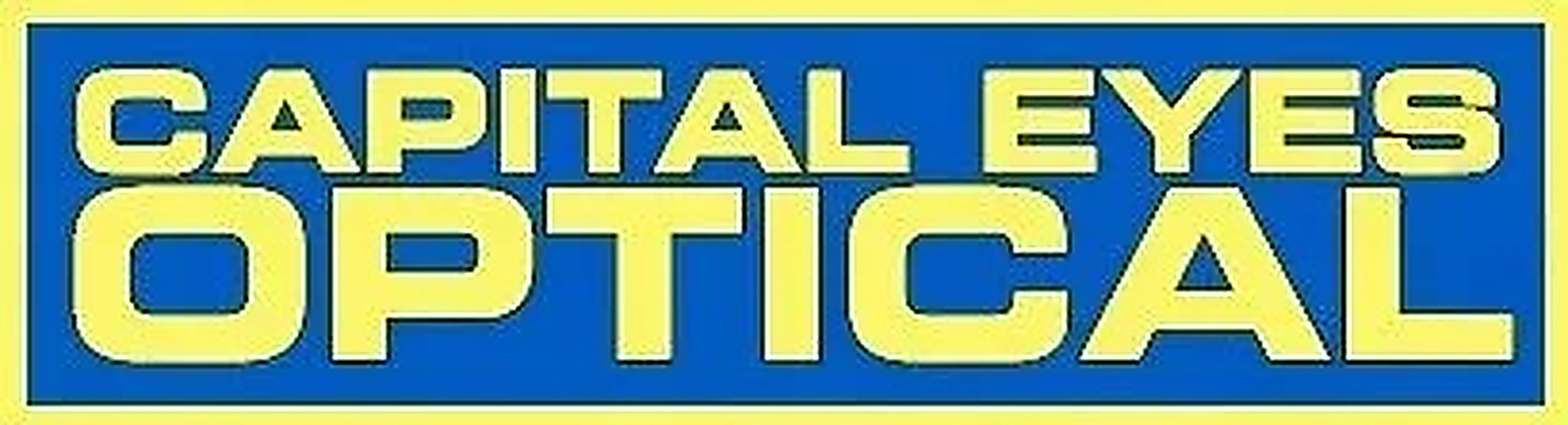 Capital Eyes Optical logo in yellow text on a blue background