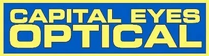 Capital Eyes Optical logo in yellow text on a blue background