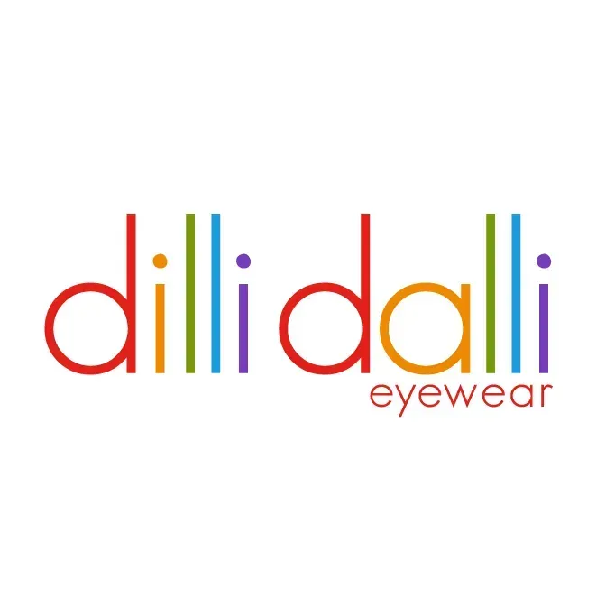Colorful “dili dalli eyewear” logo on a white background