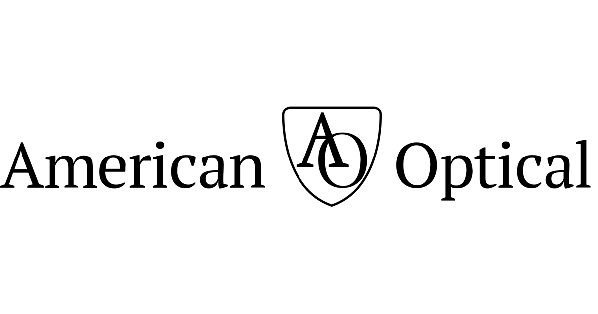 American Optical logo in black text with a shield emblem and stylized “AO” initials