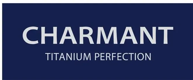 CHARMANT logo with “TITANIUM PERFECTION” on a dark blue background