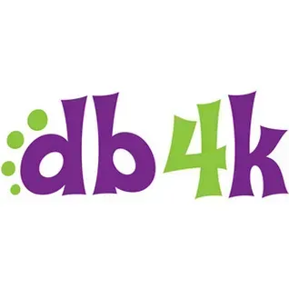 Purple and green “db4k” logo on a white background