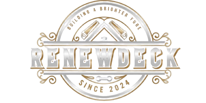 Logo for RenewDeck, featuring silver text, two crossed saws, and the text "Building a Brighter Future" and "Since 2024."