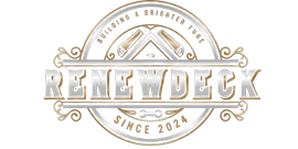 Logo for RenewDeck, featuring silver text, two crossed saws, and the text "Building a Brighter Future" and "Since 2024."