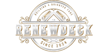 Logo for RenewDeck, featuring silver text, two crossed saws, and the text "Building a Brighter Future" and "Since 2024."