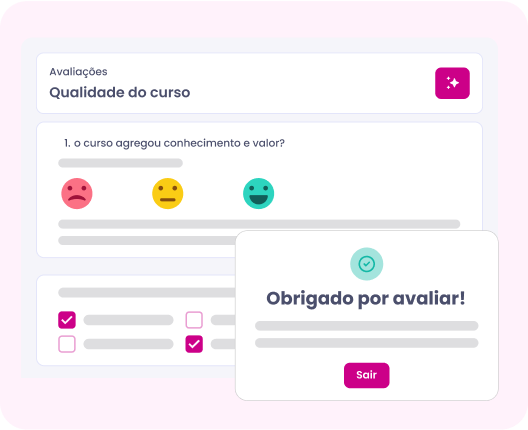 Formulário de feedback do usuário com opções: triste, neutro e feliz. Mensagem de agradecimento: "Obrigado por avaliar!"