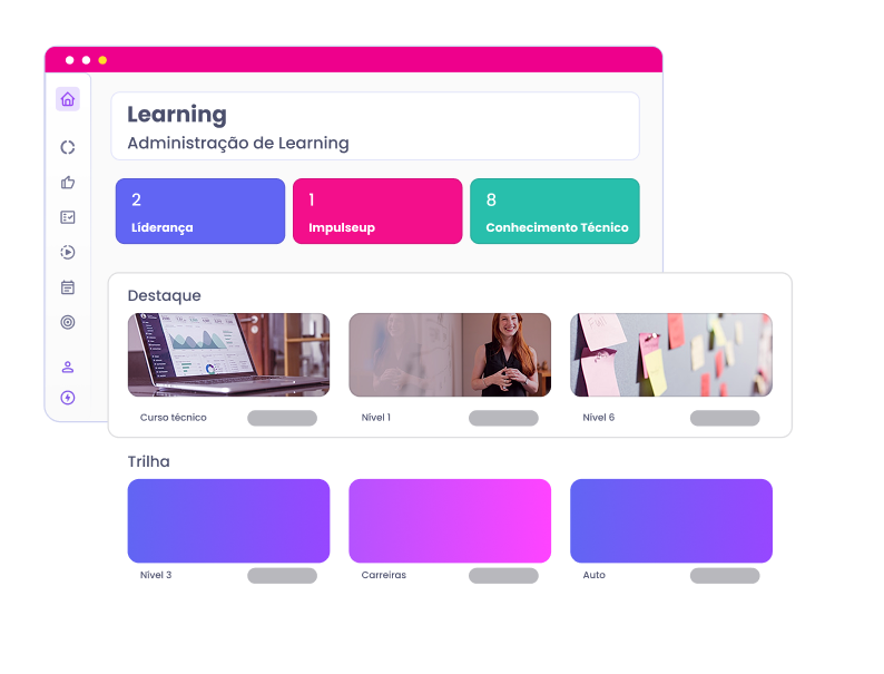 Painel com conteúdo de aprendizagem: categorias Liderança (azul), Impulso (rosa) e Conhecimento (verde), conteúdo em destaque e níveis.