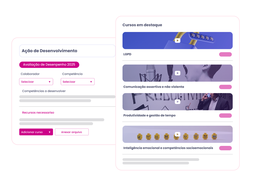 Três telas de aplicativo: painel de aprendizagem com barras de progresso, um formulário e uma lista de opções, usando cores brilhantes.
