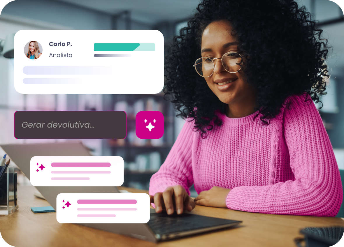 Mulher de óculos sorrindo para um laptop. Sobreposições de balões de bate-papo em rosa e branco.