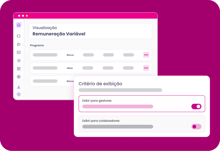 Interface mostrando critérios de visualização e extração de compensação variável com interruptores de alternância.