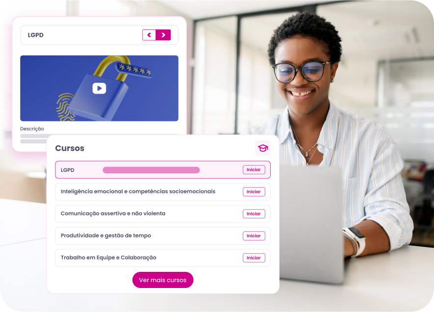 Mulher usando um laptop, assistindo a um vídeo e concluindo um curso on-line; mulher de pele clara na tela.