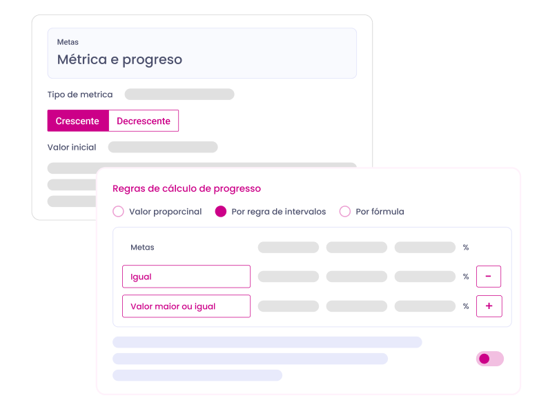 Interface para configurações de métricas e progresso com campos de entrada e botões de alternância.