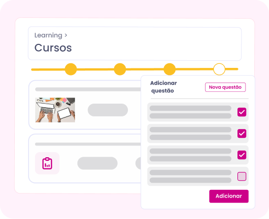 Interface de página web com cursos, uma janela pop-up para criação de questionários e detalhes em rosa.