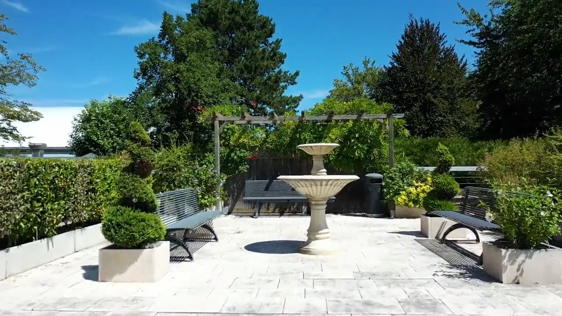Un patio arboré avec deux bancs et une fontaine au milieu