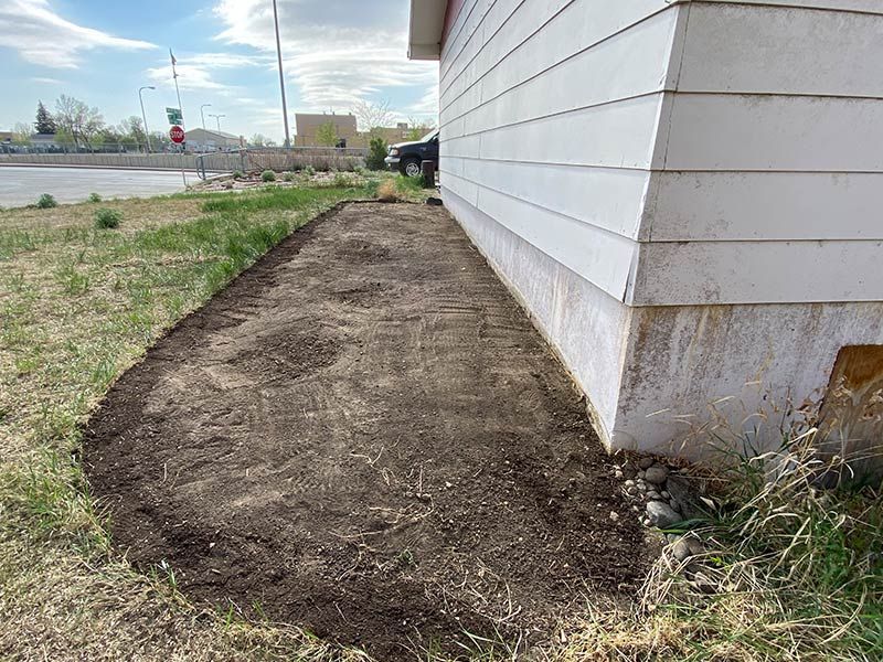Dirt bed next to white house with green grass.