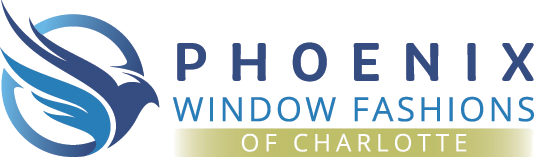 Logo for Phoenix Window Fashions of Charlotte with a phoenix icon within a blue circle.