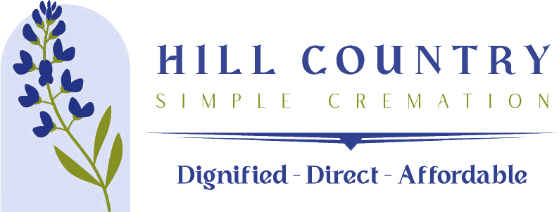 Hill Country Simple Cremation logo with blue flowers and slogan &ldquo;Dignified - Direct - Affordable&rdquo;