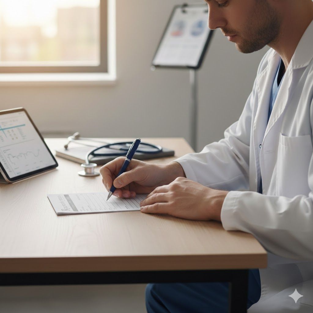 Doctor writing on a clipboard at a desk with a tablet in a bright office.