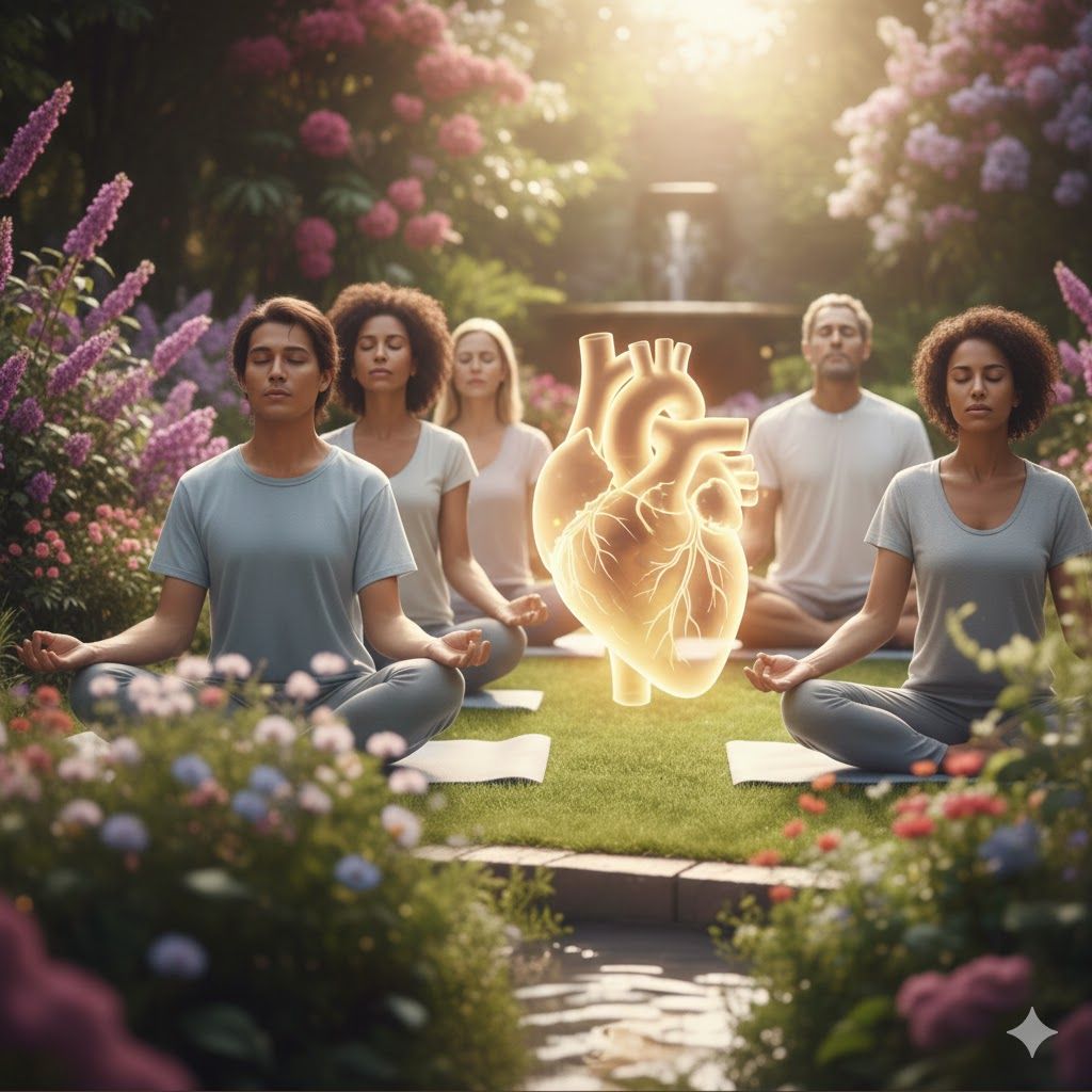 People meditating in a flower garden around a glowing heart-shaped light sculpture