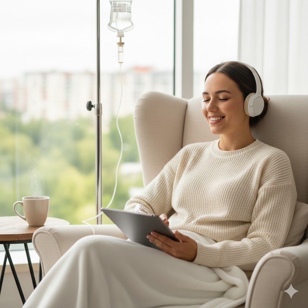 Woman in headphones using a tablet in a bright living room beside an IV stand