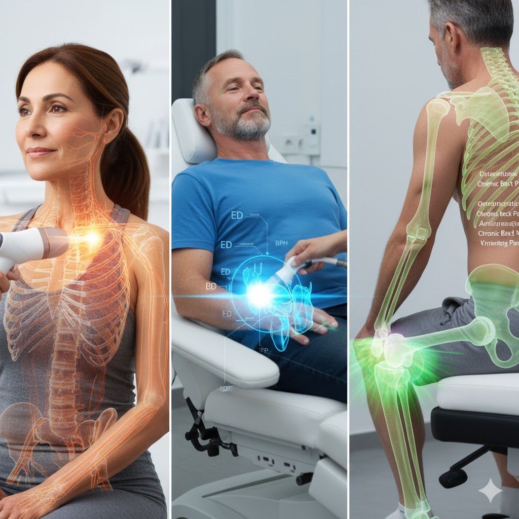 Medical treatment collage showing neck, back, and knee pain relief with glowing anatomy overlays