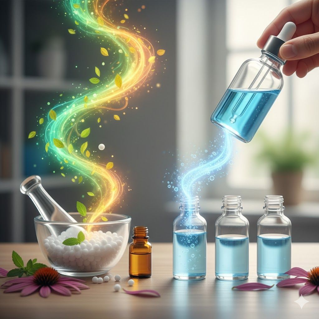 Aromatherapy setup with blue oils, bottles, mortar, and glowing swirling scents on a table