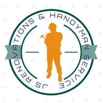 Logo for JS Renovations & Handyman Service featuring an orange silhouette of a worker holding a tool inside a green circle.