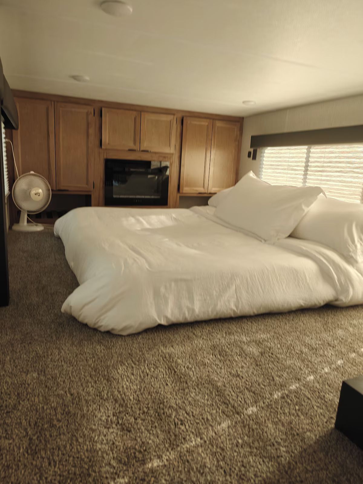 A bedroom with a large bed and a fan