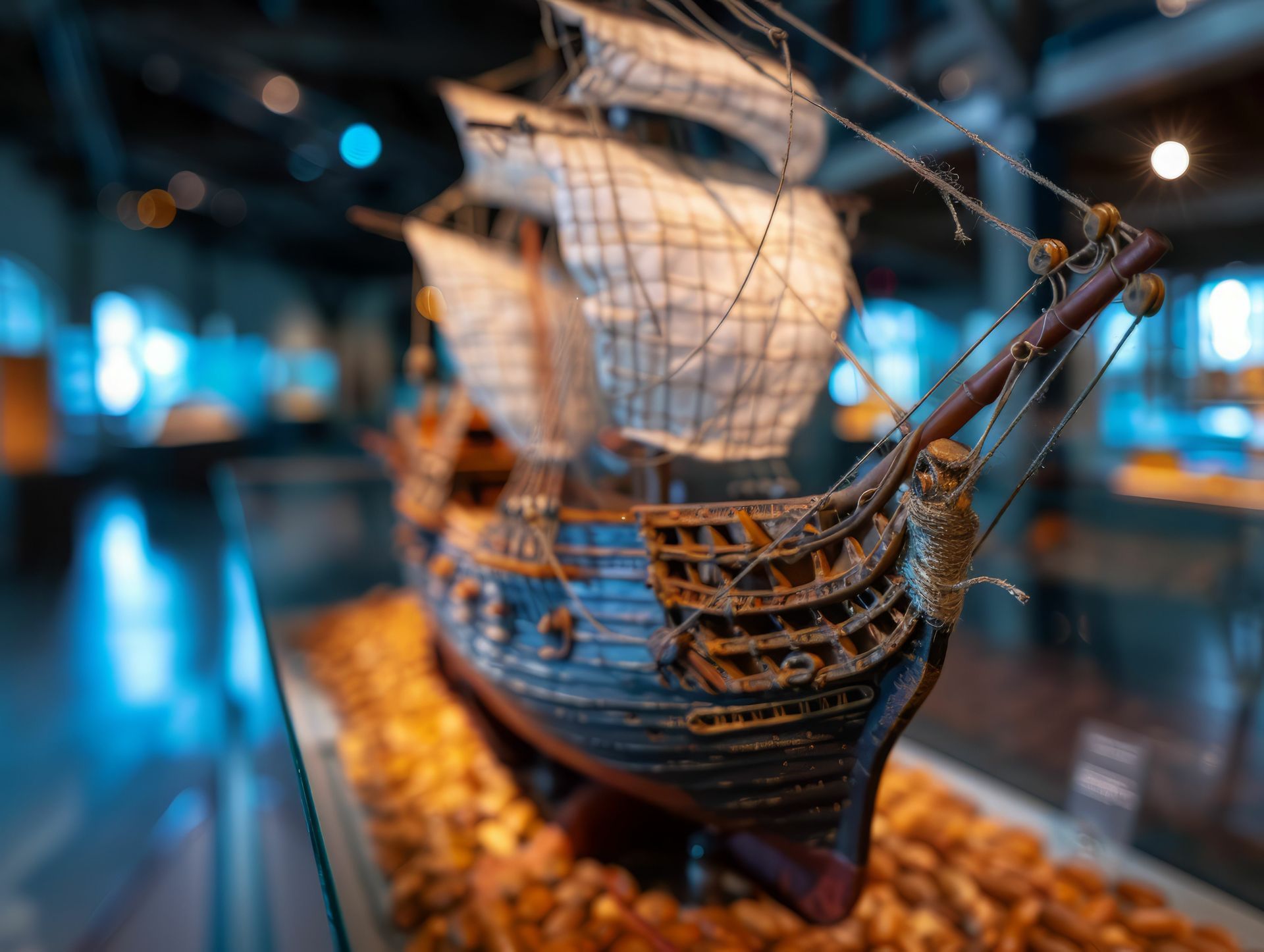A model of a sailboat is on display in a museum.