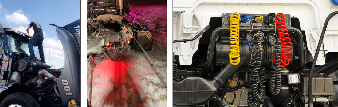 Three images side by side: a person on a truck, a pink light over machinery, and a truck engine with colored tubes.