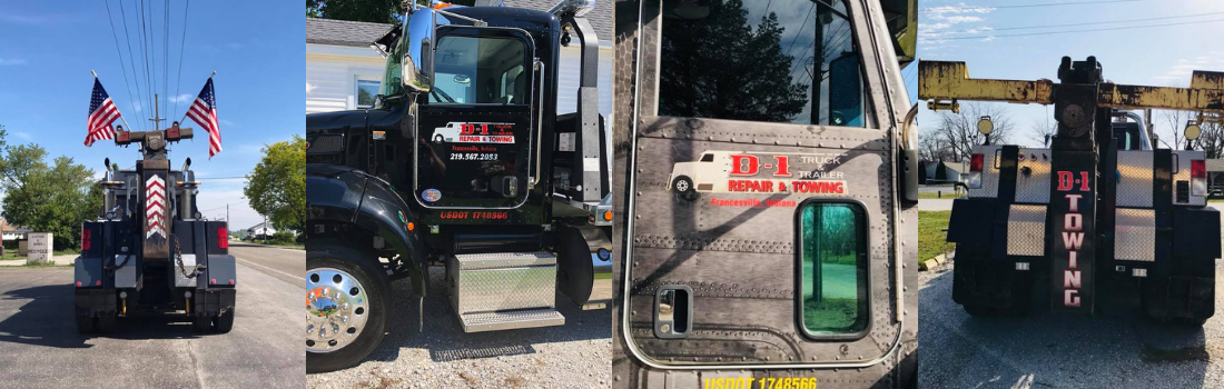Four images of tow trucks, with an American flag displayed.