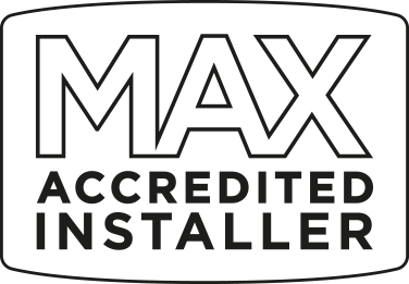 A black and white logo for a max accredited installer.