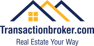 Transactionbroker.com logo with blue and gold roofline and tagline “Real Estate Your Way”